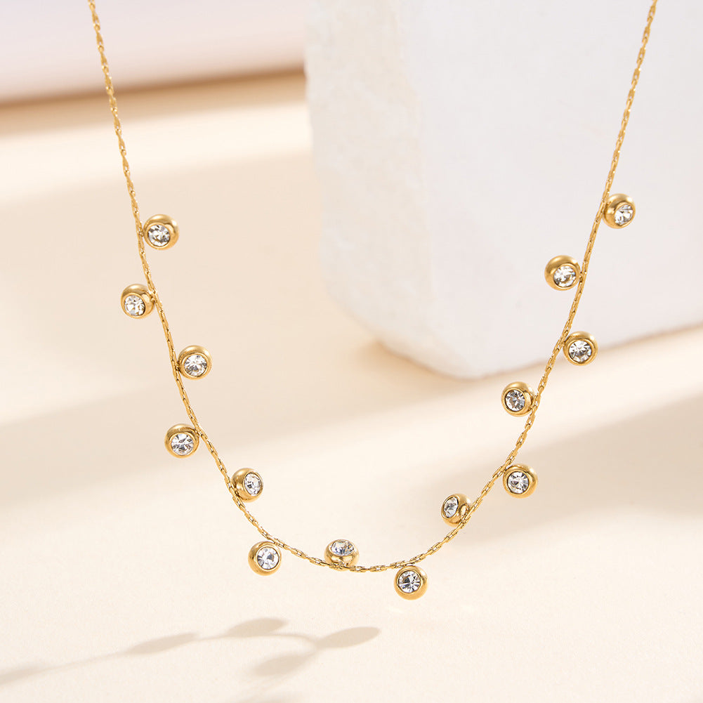 Gold Stainless Steel Bezel Set CZ Station Necklace, Round Cubic Zirconia Floating Dainty Cable Chain Necklace