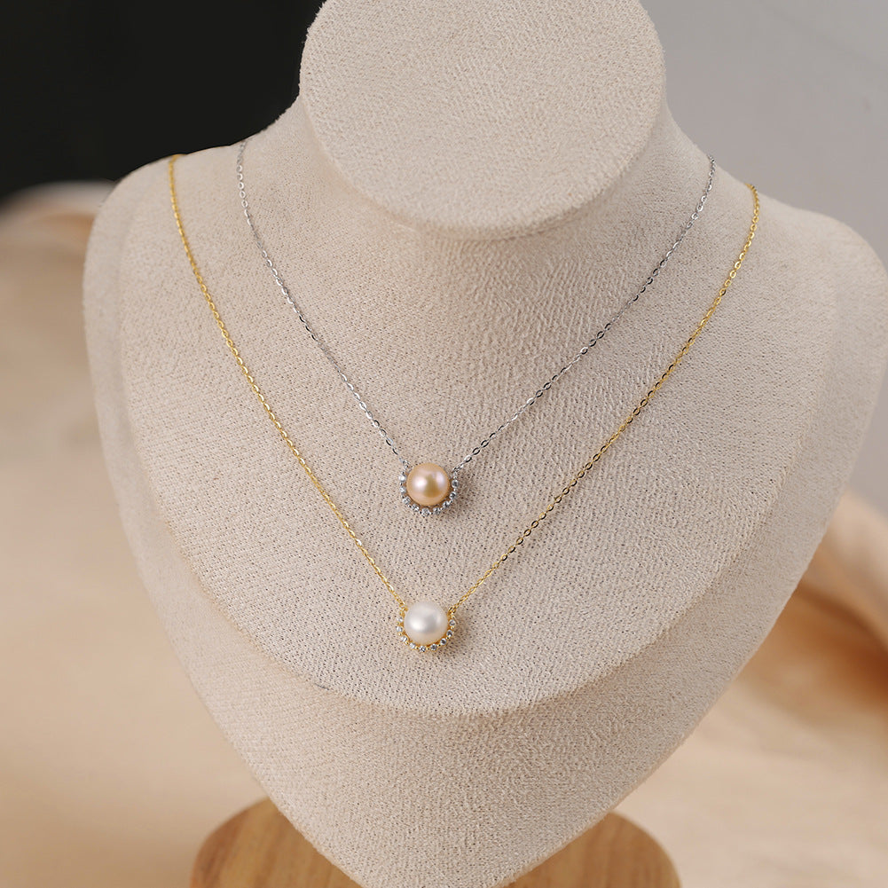 Single Large Round Lustrous Freshwater Pearl Pendant Necklace, Pale Pink Pearl with Halo Cubic Zirconia S925 Silver Cable Chain