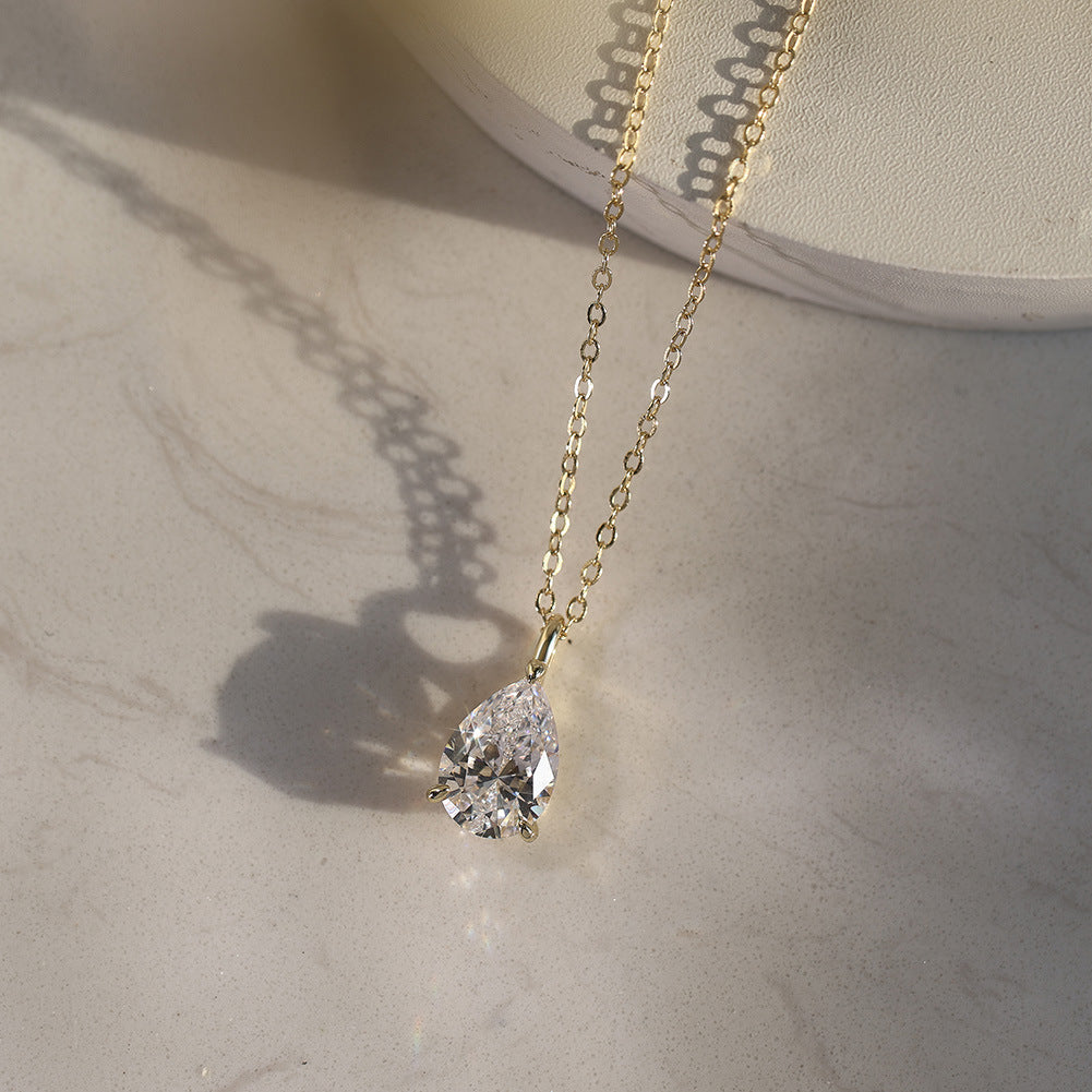 Gold Stainless Steel Pear Shape CZ Solitaire Pendant Necklace, Teardrop Clear Cubic Zirconia 3-Prong Setting Thin Cable Chain