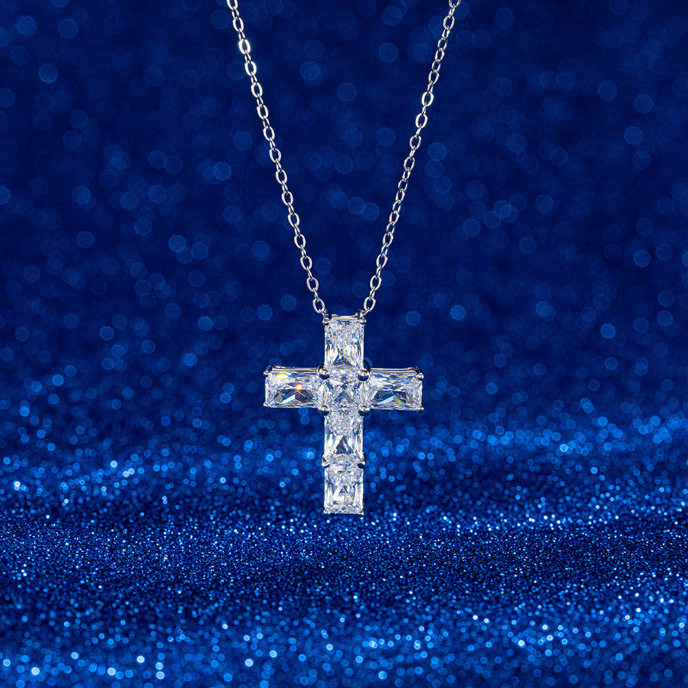 Silver Stainless Steel Cross CZ Necklace, Multi-Emerald Cut & Round Clear Cubic Zirconia Cross Pendant Cable Chain