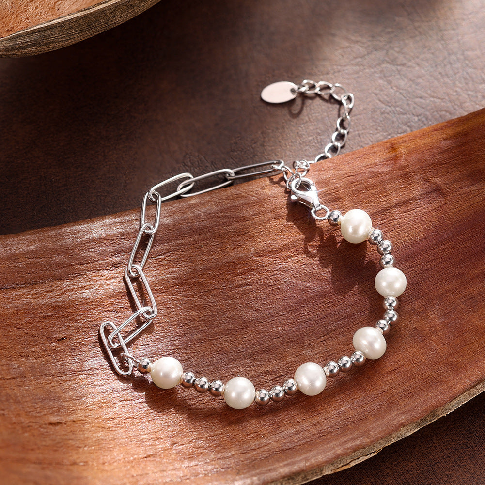 S925 Sterling Silver Half Paperclip Half Ball Chain Bracelet, Round Lustrous White Freshwater Pearls, Adjustable Extension Chain