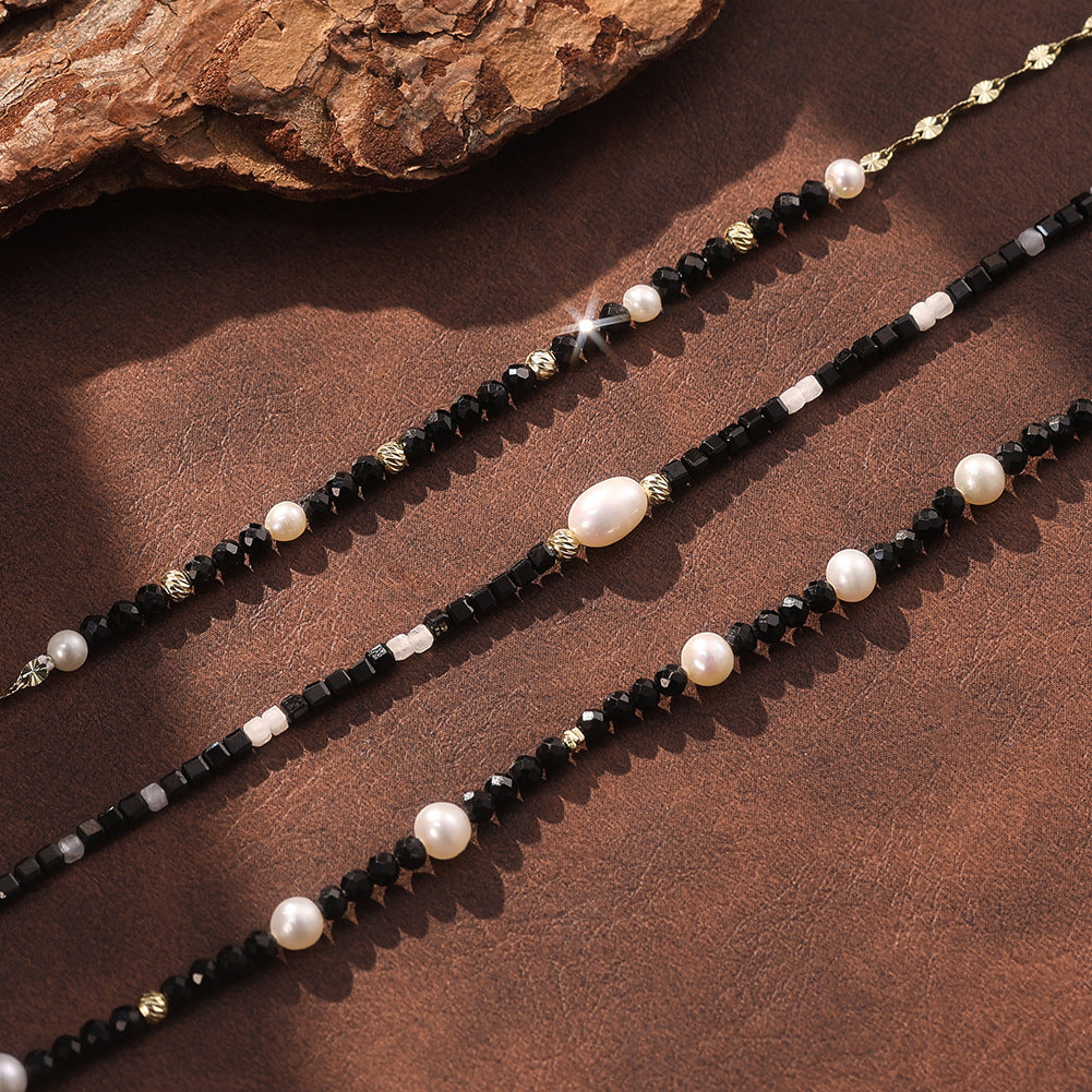 S925 Gold Plated Mini Bead Bracelet, Single Center Lustrous Baroque Freshwater Pearl, Black & Grey Tiny Cube Beads, Adjustable Extension Chain