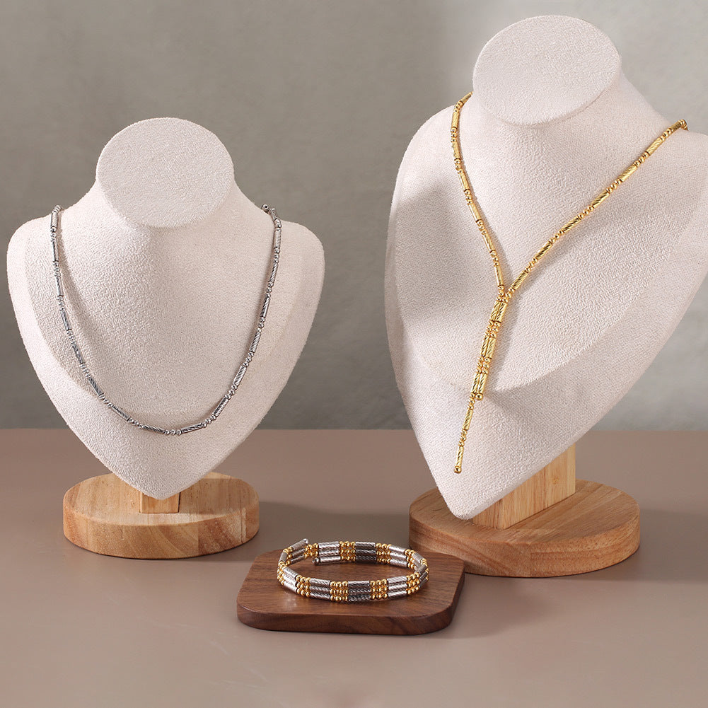 Gold Stainless Steel Beaded Y Lariat Necklace, Small Tube & Round Bead Adjustable Drop Chain