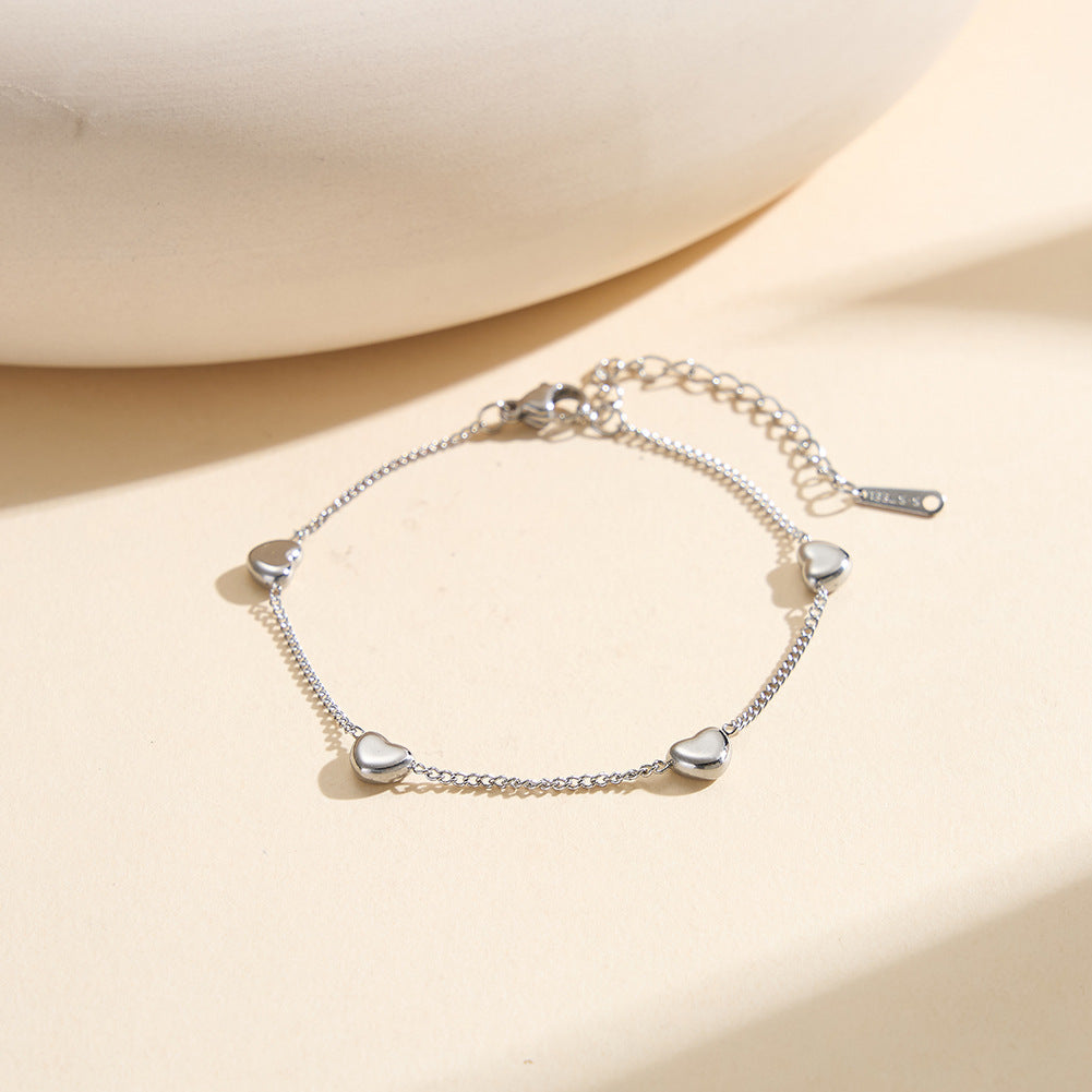 Gold Plated Stainless Steel Multi Puffy Heart Bracelet, 4 Smooth 3D Heart Charms on Thin Cable Chain