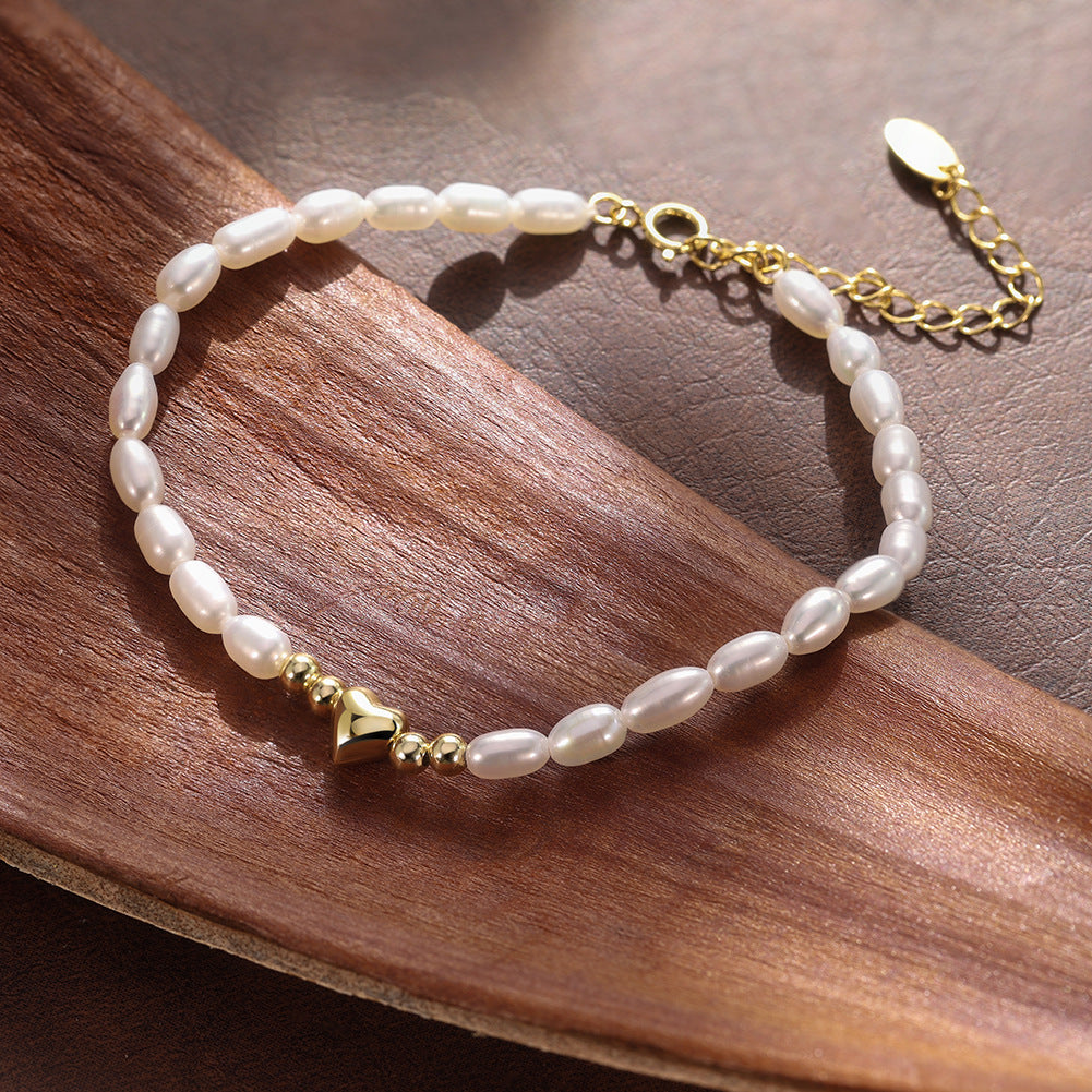S925 Sterling Silver Beaded Bracelet, White Baroque Rice Freshwater Pearls with 3D Heart Accent, Adjustable Extension Chain