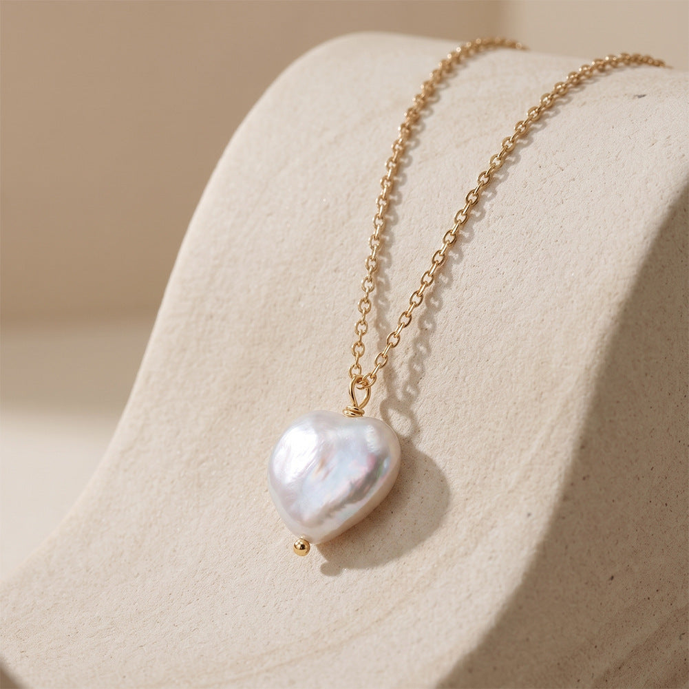 Single Large Iridescent Heart Baroque Freshwater Pearl Pendant Necklace, Lustrous Heart Pearl on Delicate S925 Silver Cable Chain
