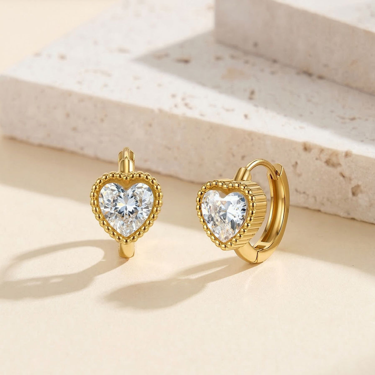 Gold Plated Stainless Steel Heart CZ Huggie Earrings with Beaded Milgrain Border
