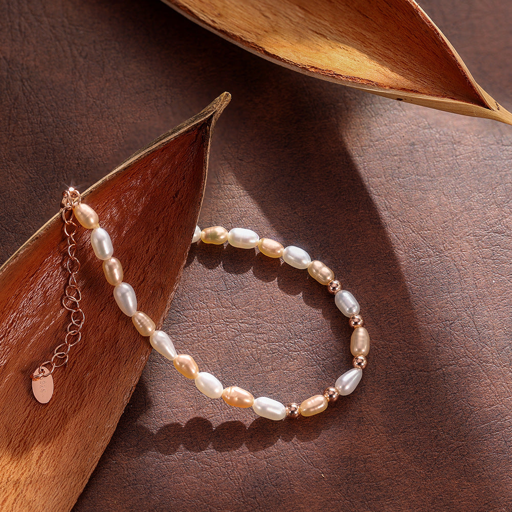 S925 Sterling Silver Beaded Bracelet, Mixed White & Peach Oval Rice Freshwater Pearls with Silver Metal Spacers, Adjustable Extension Chain