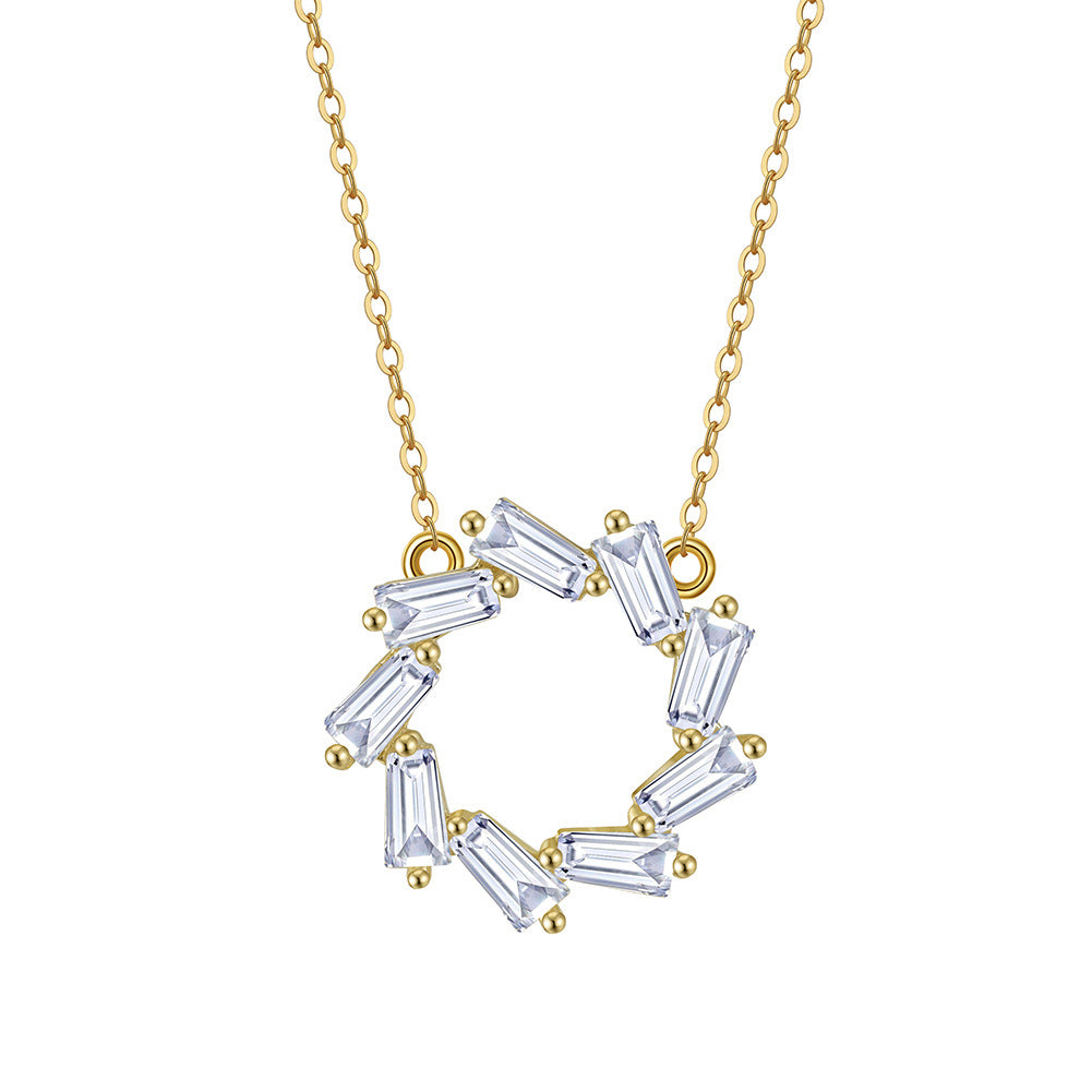 Silver Stainless Steel Baguette CZ Wreath Pendant Necklace, Rectangle Cut Cubic Zirconia Hollow Circle Charm Cable Chain