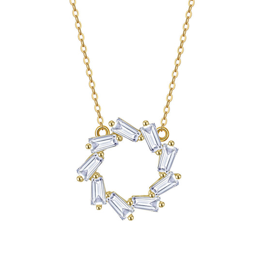 Silver Stainless Steel Baguette CZ Wreath Pendant Necklace, Rectangle Cut Cubic Zirconia Hollow Circle Charm Cable Chain