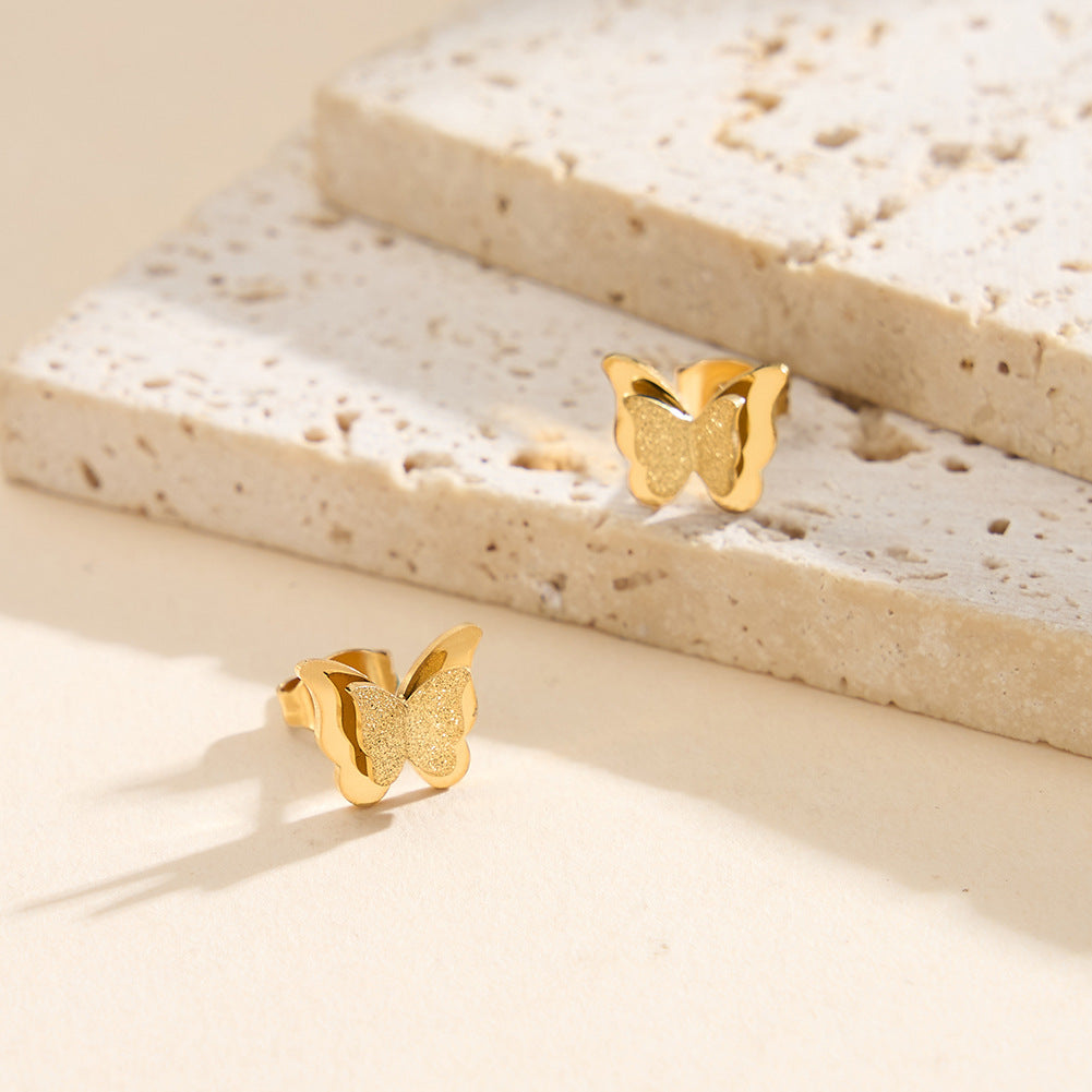 Gold Plated Stainless Steel Layered Butterfly Stud Earrings with Sandblast Glitter Wings