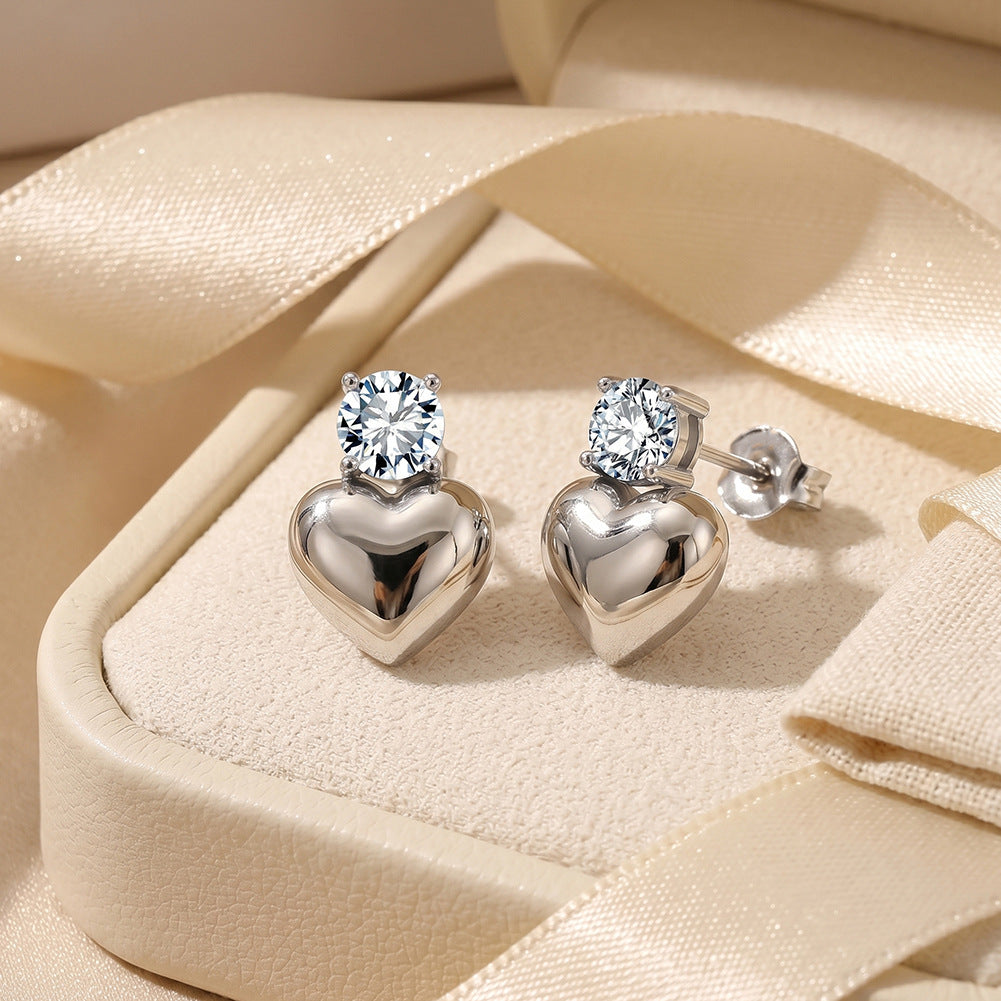 Gold Plated Stainless Steel Round CZ Stud Earrings with Puffy Heart Drop