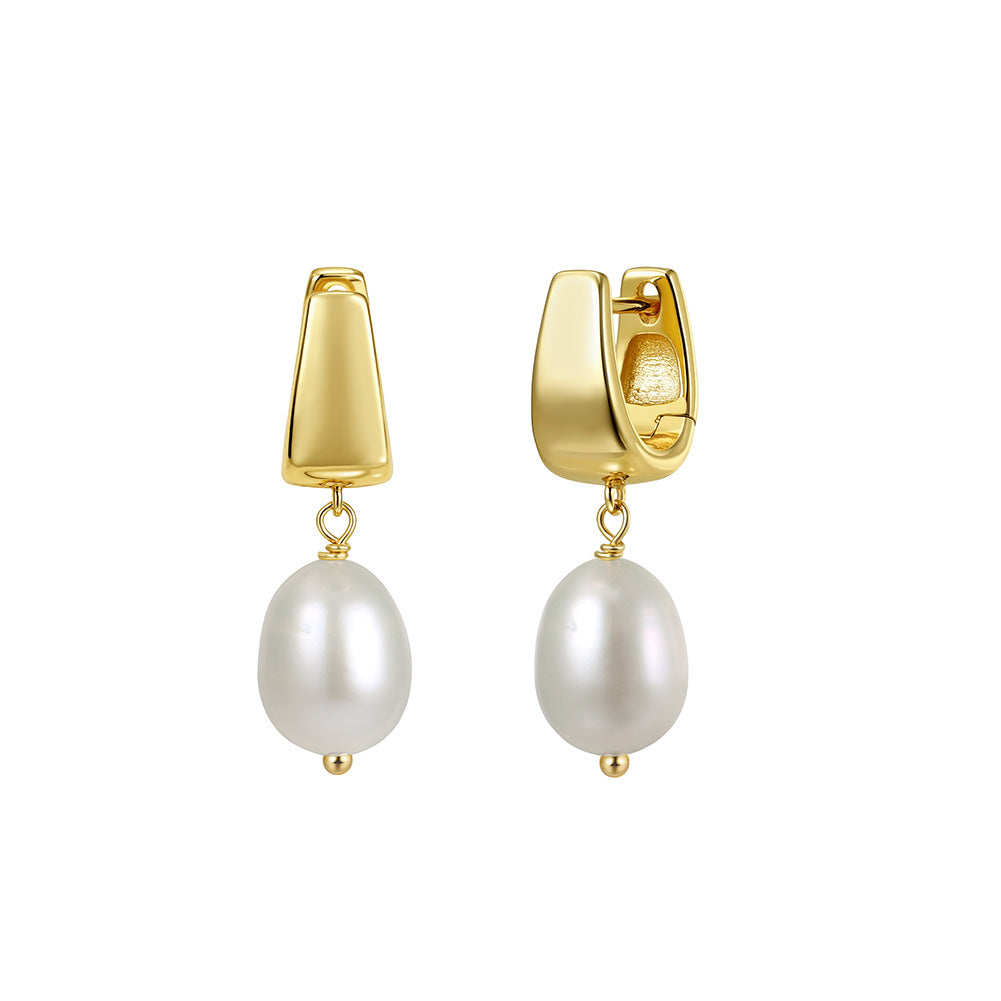 S925 Sterling Silver Huggie Hoop Teardrop Freshwater Pearl Dangle Earrings, Polished U-Shape Hoop with Lustrous Oval Pearl Drop