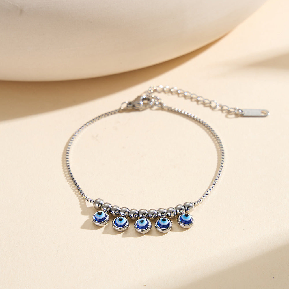 Gold Plated Stainless Steel Box Chain Bracelet, Evil Eye Charms Dangling with Gold Beads, Adjustable Size