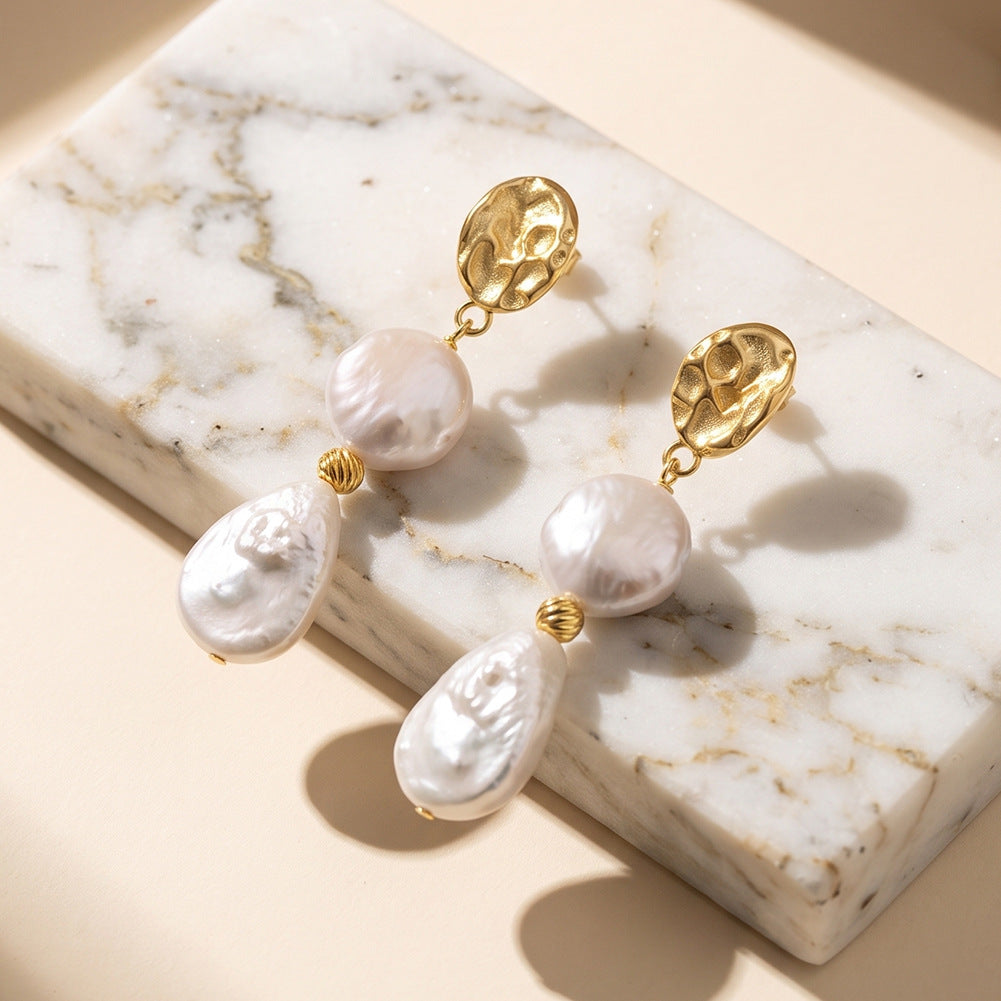 S925 Silver Textured Metal Baroque Pearl Drop Earrings, Coin Pearl & Teardrop Irregular Freshwater Pearl Stacked Dangle Earrings