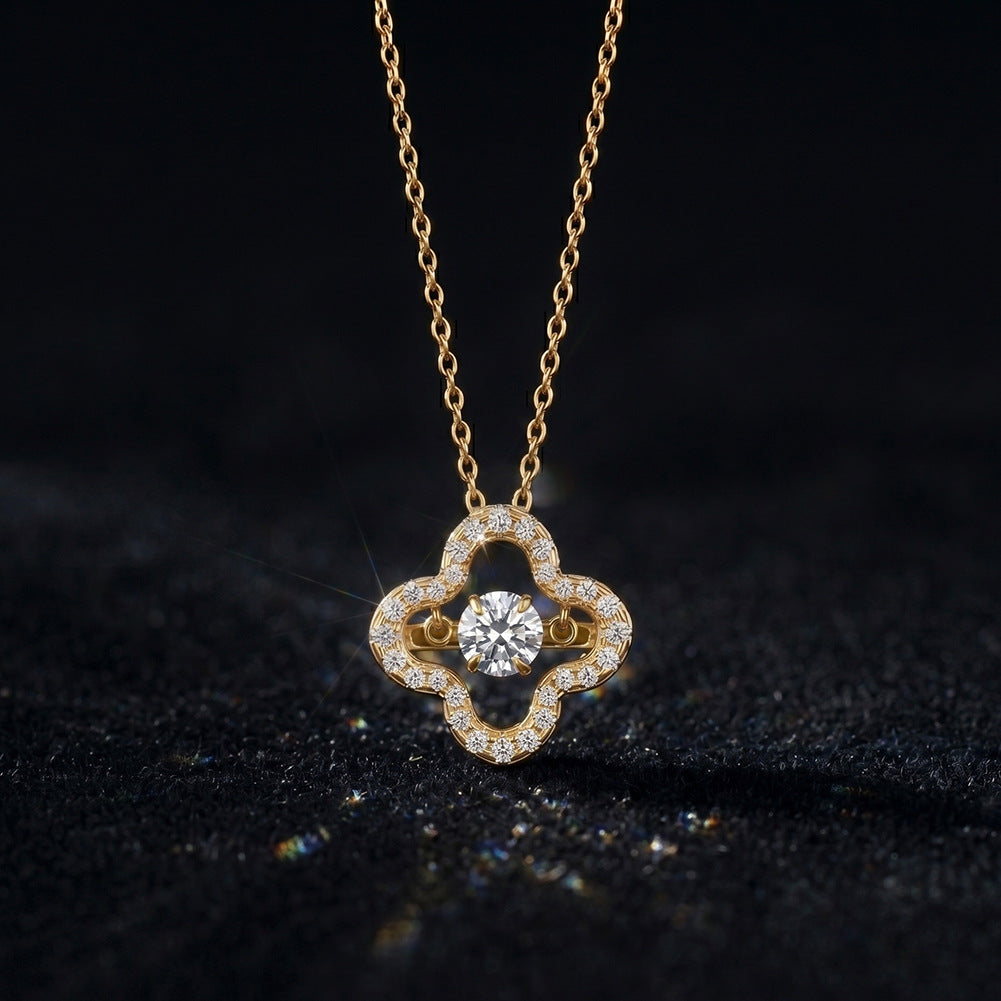 Gold Stainless Steel Hollow Quatrefoil Necklace, Dynamic Floating Round CZ Stone In Four Leaf Clover Frame Pendant
