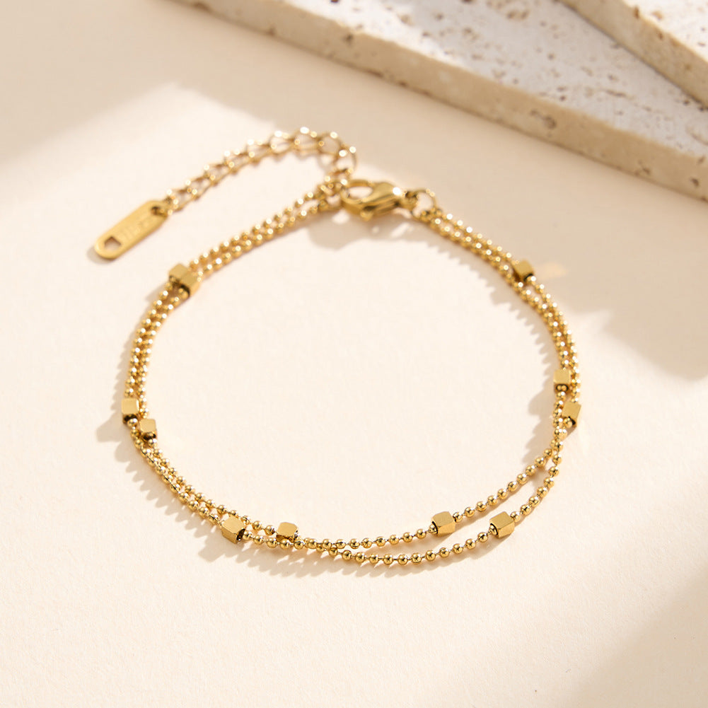 Gold Plated Stainless Steel Double Strand Ball Chain Bracelet, Decorated with Small Square Cube Beads, Adjustable Extension Chain