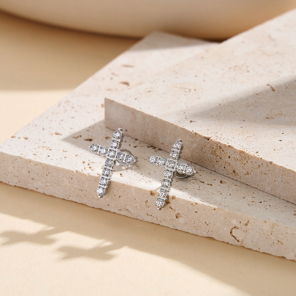Gold Plated Stainless Steel Paved CZ Cross Stud Earrings