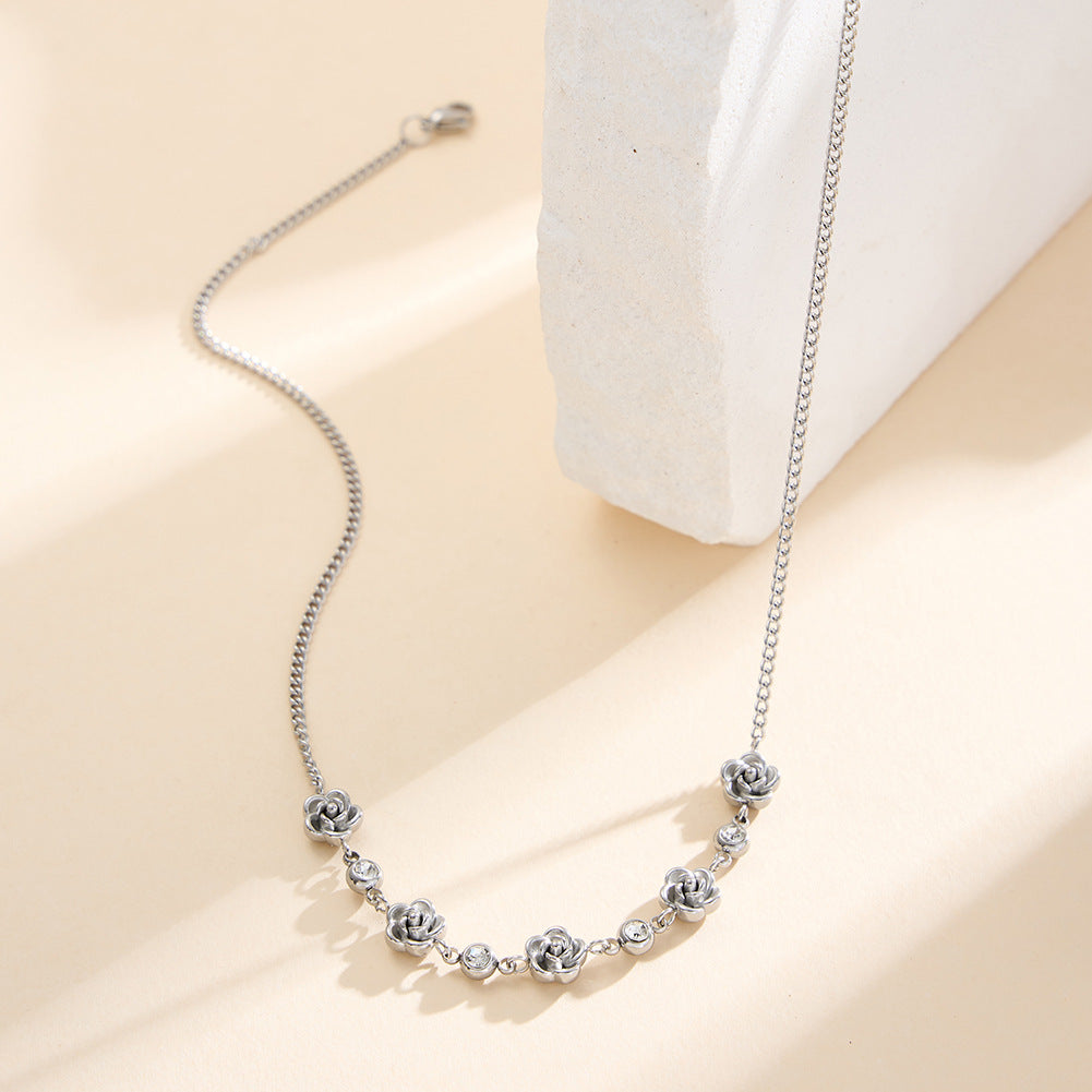 Silver Stainless Steel Rose Flower Station Necklace, 3D Sculpted Rose Charms with Bezel Set Round CZ Stones, Rolo Chain