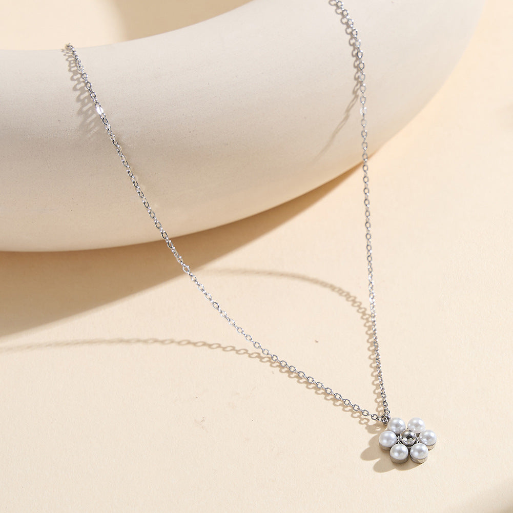 Gold Stainless Steel Pearl Daisy Pendant Necklace, Six White Pearl Flower Charm Cable Chain Necklace