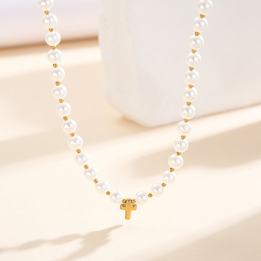 Silver Stainless Steel White Imitation Pearl Choker Necklace with Small Cross Pendant, Adjustable Extension Chain