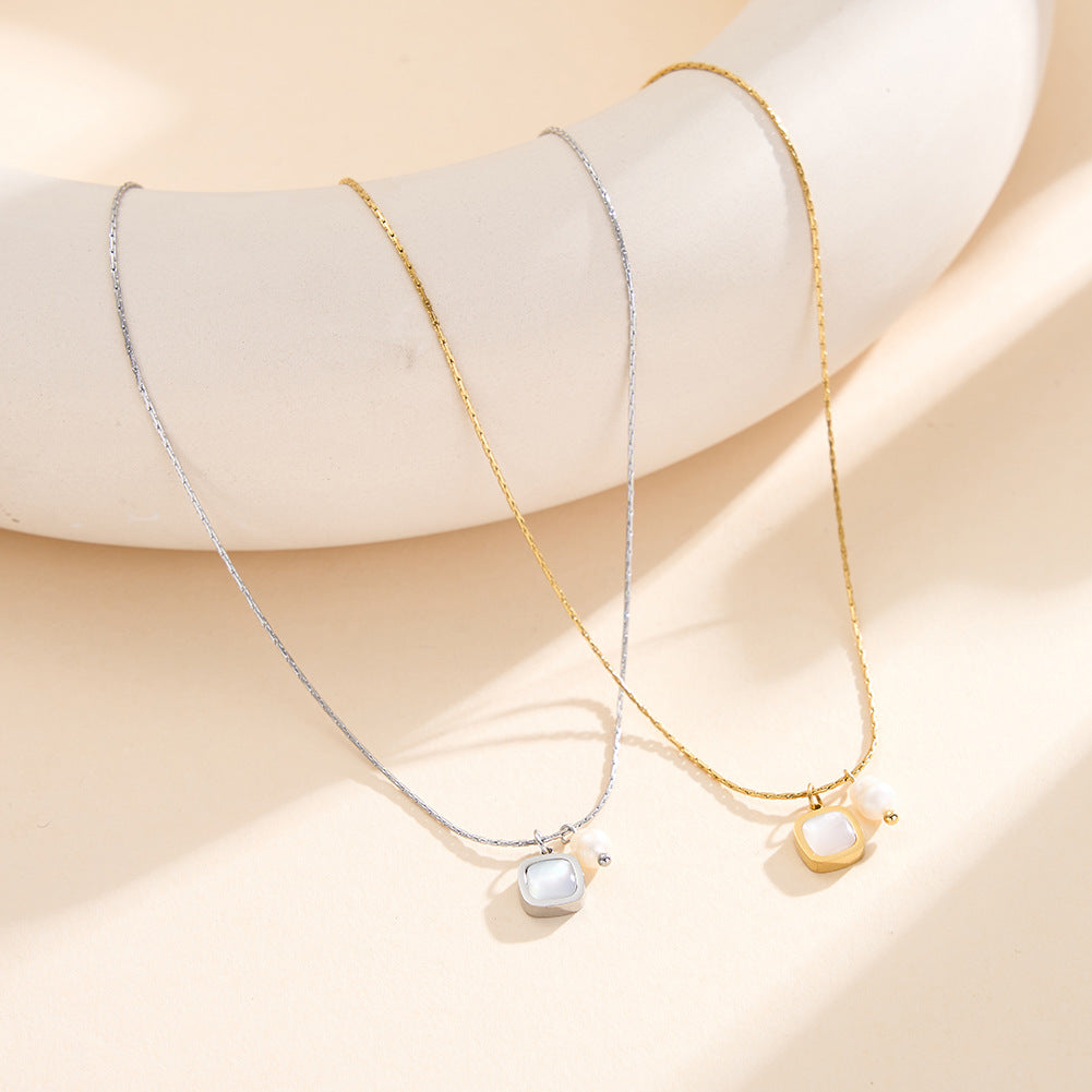 Gold Stainless Steel Dainty Square Pendant Necklace, Square White Mother of Pearl Charm with Baroque Pearl & Tiny Gold Ball Accent