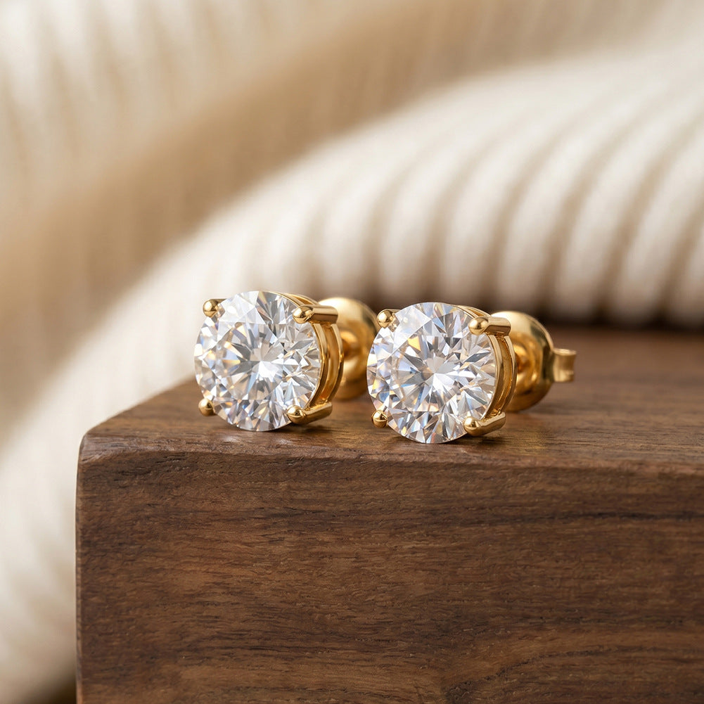 Gold Plated 316 Stainless Steel Stud Earrings, Round Brilliant Cut Clear Cubic Zirconia Four Prong Setting