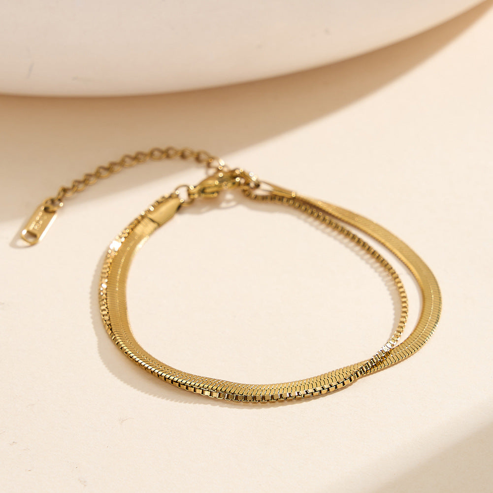 Gold Plated Stainless Steel Double Flat Herringbone Snake Bracelet, Stackable Thin Fishbone Chain, Adjustable