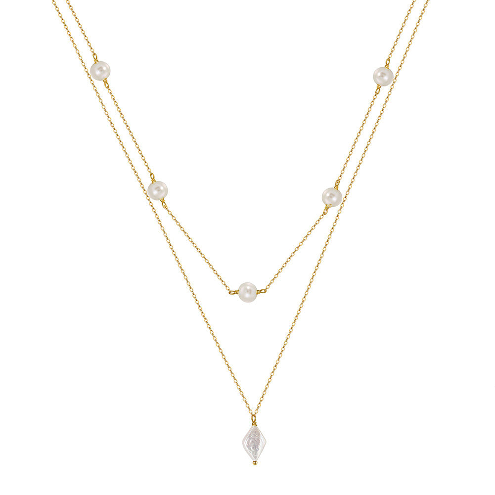 Silver Multi Layer Freshwater Pearl Necklace, Double Chain with Lustrous Round Pearls and Diamond-Shaped Baroque Pearl Drop Pendant