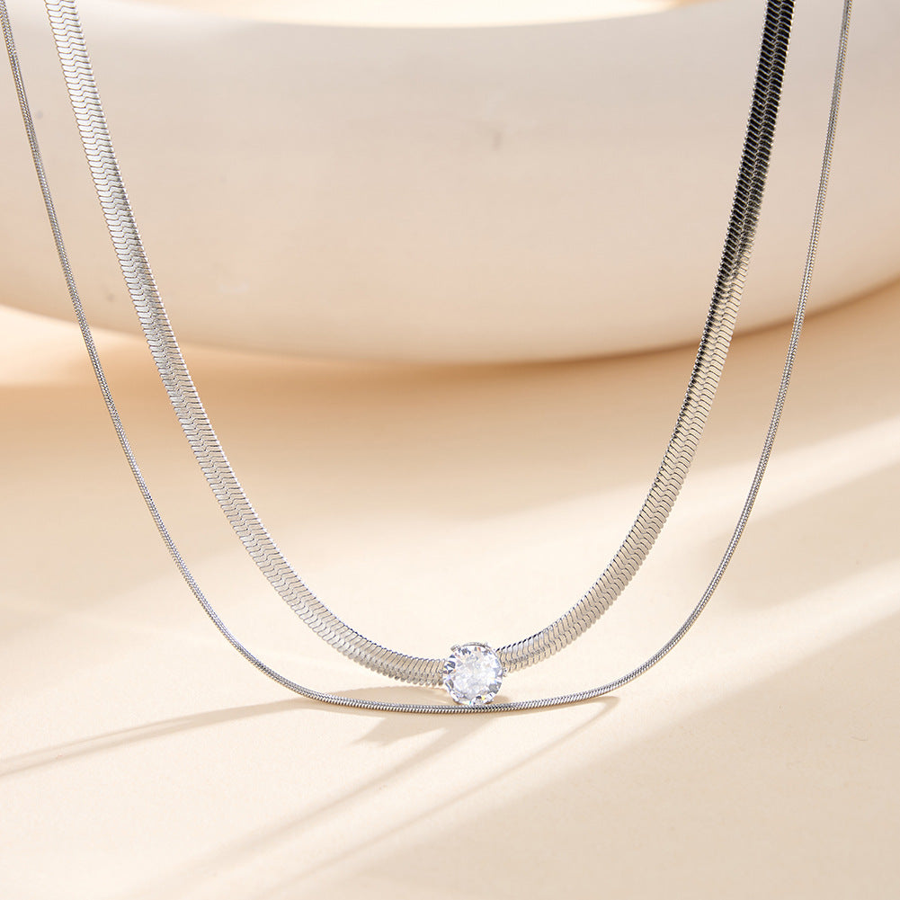 Silver Stainless Steel Double Layer Herringbone Necklace, 2-Tier Snake Chain with Single Round CZ Solitaire Pendant