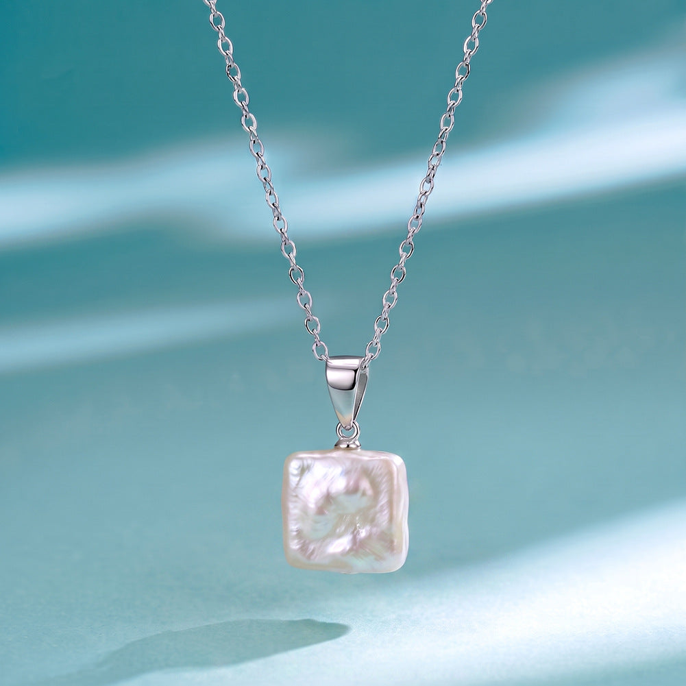Square Baroque Freshwater Pearl Pendant Necklace, Natural Irregular Luminous Pearl Silver Chain Necklace