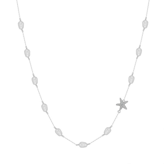 Gold Rice Pearl Starfish Station Necklace, Lustrous Irregular Rice Freshwater Pearls with Micro Pave CZ Starfish Charm