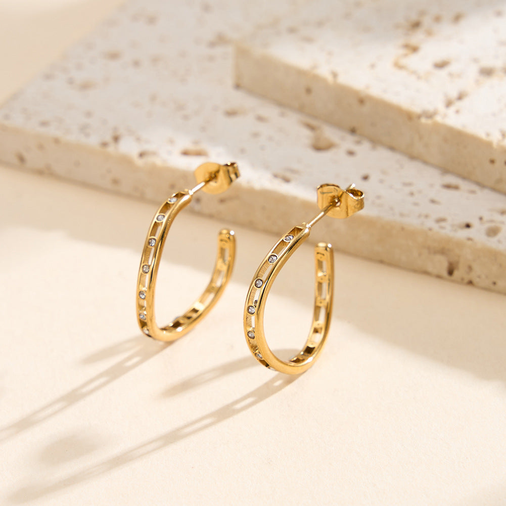 Gold Plated Stainless Steel Hollow Cutout Open C Hoop Earrings With Set CZ Stones
