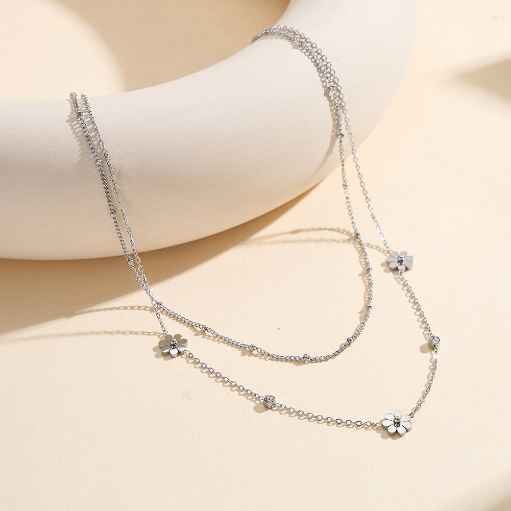 Gold Stainless Steel Double Layer Daisy Necklace, Two-Tier Stacked Chain with Daisy Flower Charms and 3mm Round CZ Accents