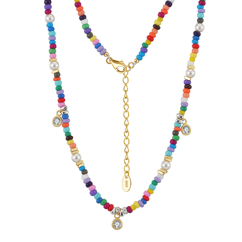 Gold Stainless Steel Rainbow Beaded Necklace, Mixed Color Seed Beads with Imitation Pearl & Oval CZ Charm Adjustable Chain