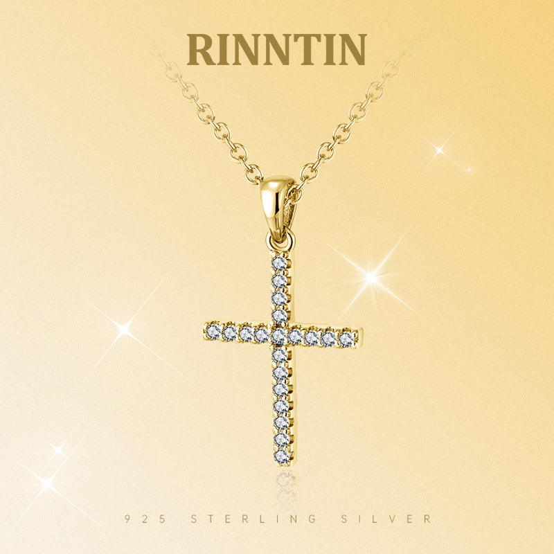 Silver Stainless Steel Full Pave CZ Cross Necklace, Clear Cubic Zirconia Encrusted Vertical Cross Pendant Rolo Chain
