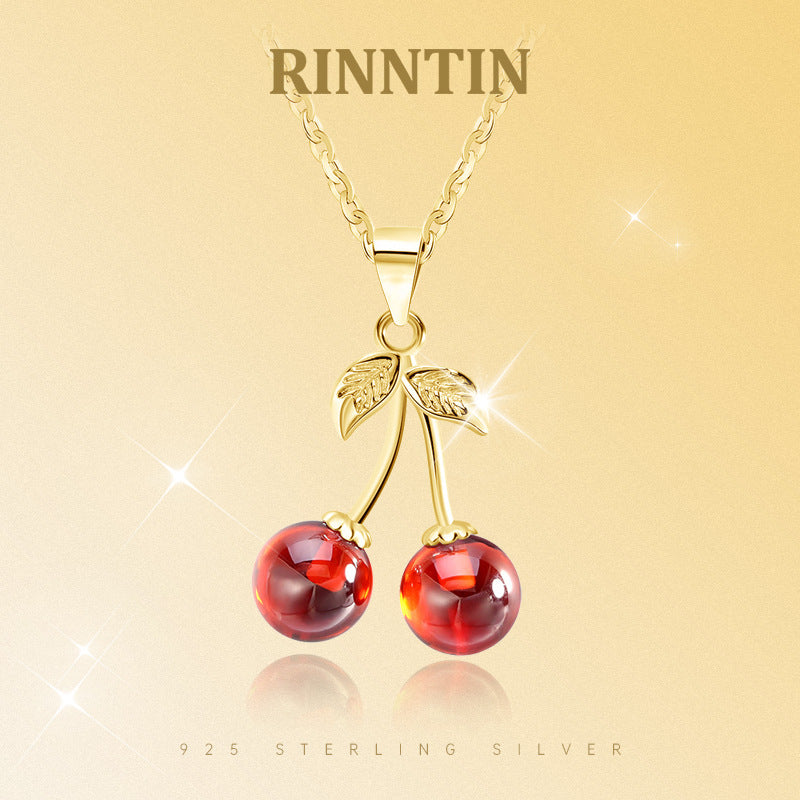 Silver Stainless Steel Red Cherry Pendant Necklace, Round Red Bead Cherry Charm With CZ Inlaid Leaf Details Cable Chain