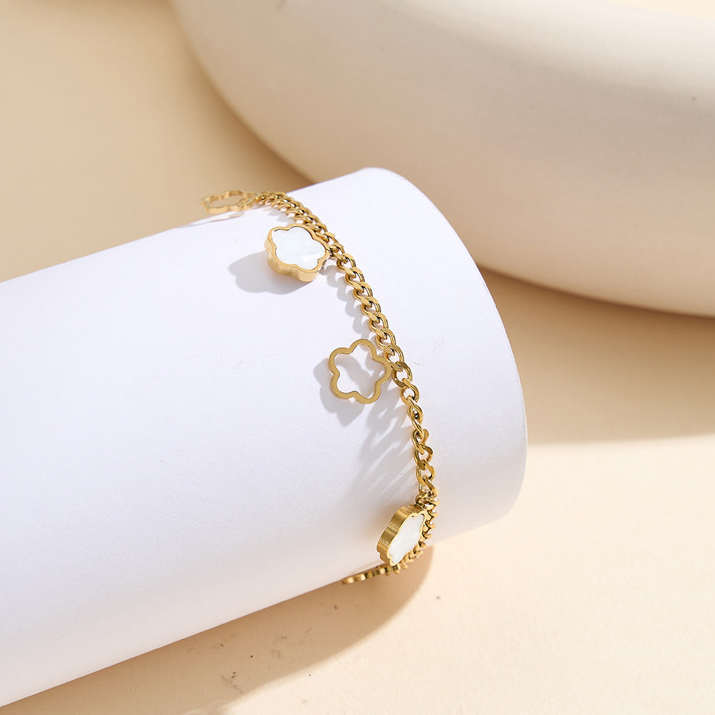 Gold Plated Stainless Steel Curb Chain Bracelet, Hollow Four Leaf Clover Charms with White Mother of Pearl Inlay, Adjustable Extension Chain