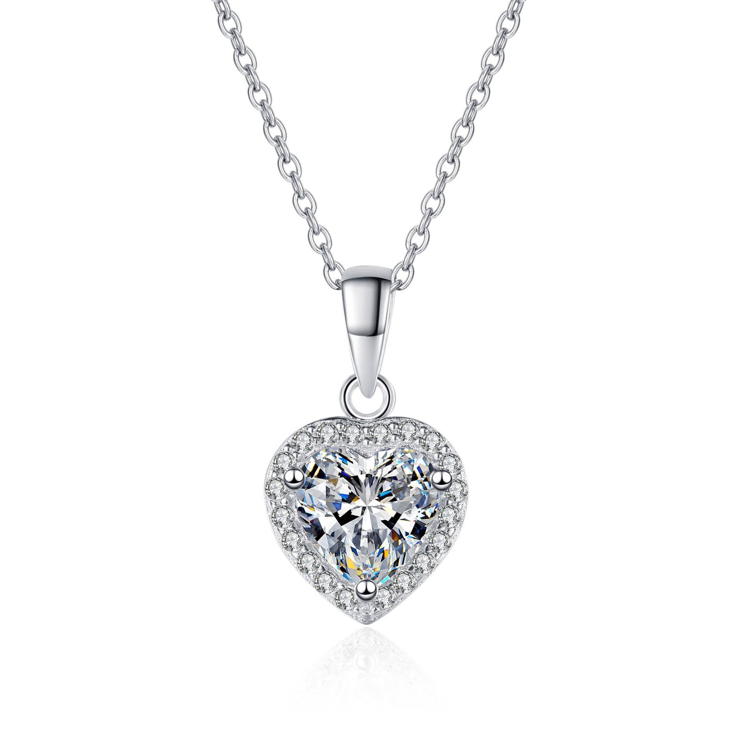 925 Sterling Silver Heart Moissanite Halo Pendant Necklace