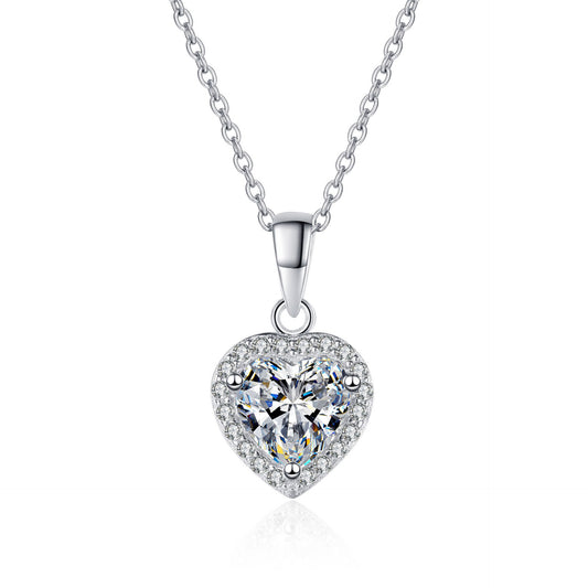 925 Sterling Silver Heart Moissanite Halo Pendant Necklace