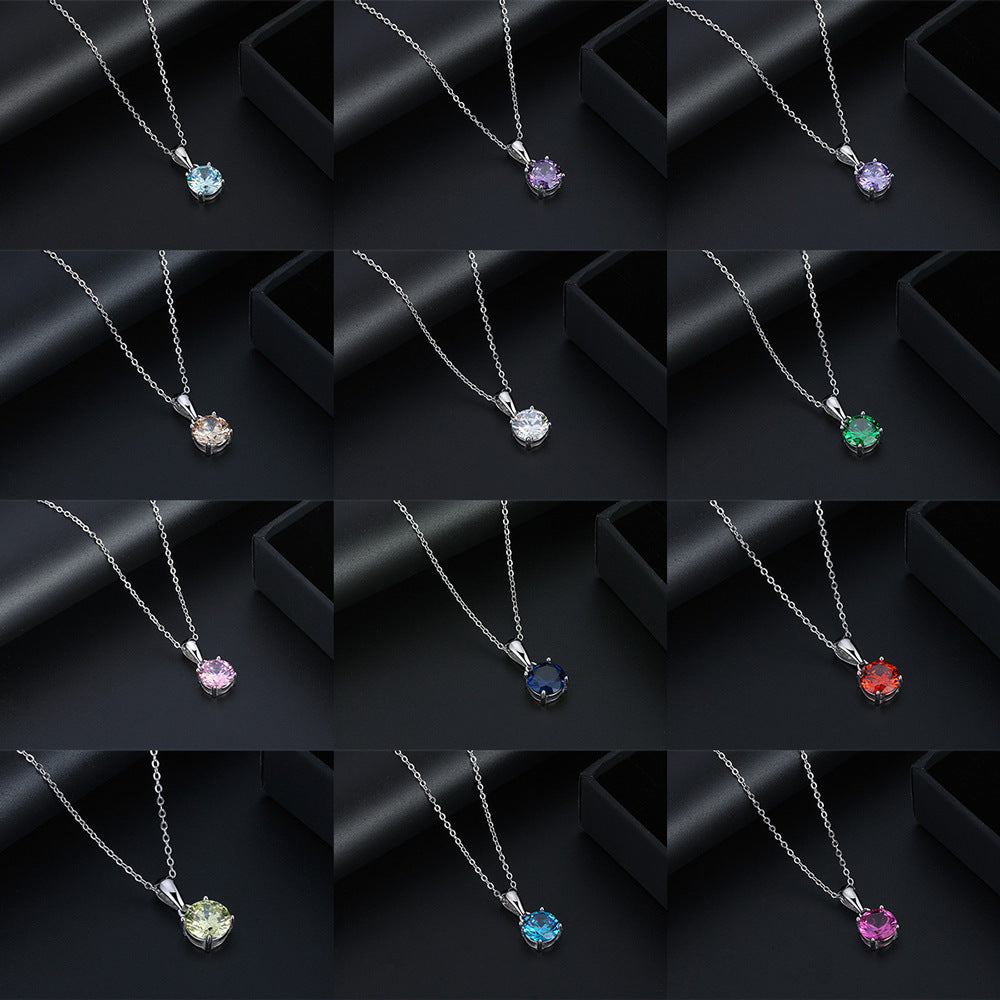Silver Stainless Steel Round Brilliant Cut CZ Solitaire Pendant Necklace, 4 Prong Simple Cable Chain