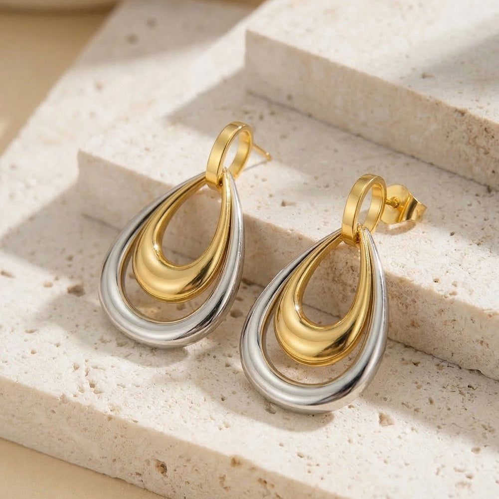 Two Tone Stainless Steel Interlocking Teardrop Dangle Drop Earrings
