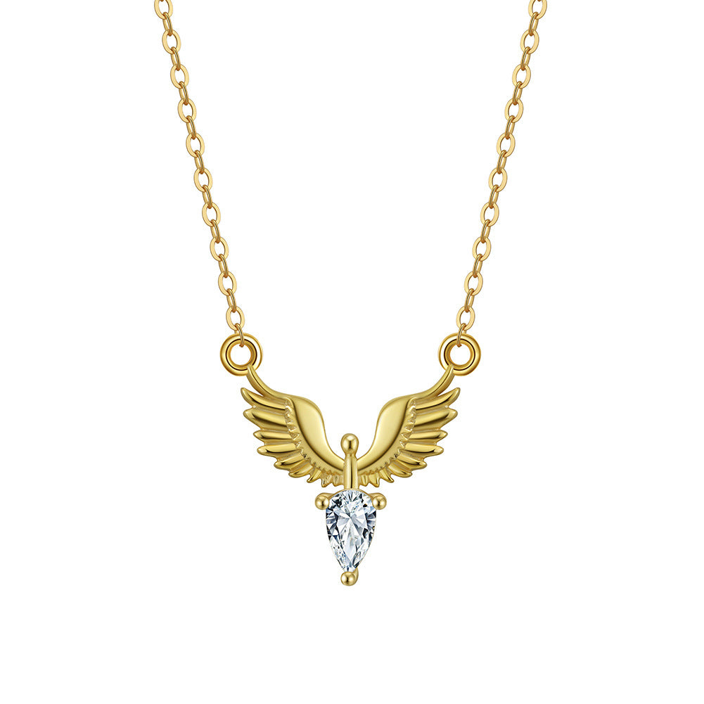 Stainless Steel Angel Wing Necklace, Pear Cut CZ Pendant Necklace, Gold Plated Wing Choker, Dainty Teardrop Crystal Necklace for Women