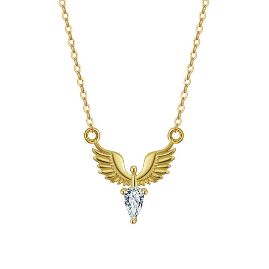 Stainless Steel Angel Wing Necklace, Pear Cut CZ Pendant Necklace, Gold Plated Wing Choker, Dainty Teardrop Crystal Necklace for Women