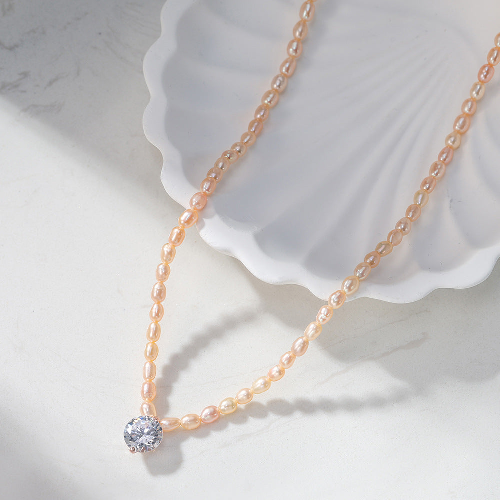 Champagne Rice Freshwater Pearl Choker Necklace, Lustrous Pale Peach Mini Pearls with Solitaire Cubic Zirconia Rose Gold Chain