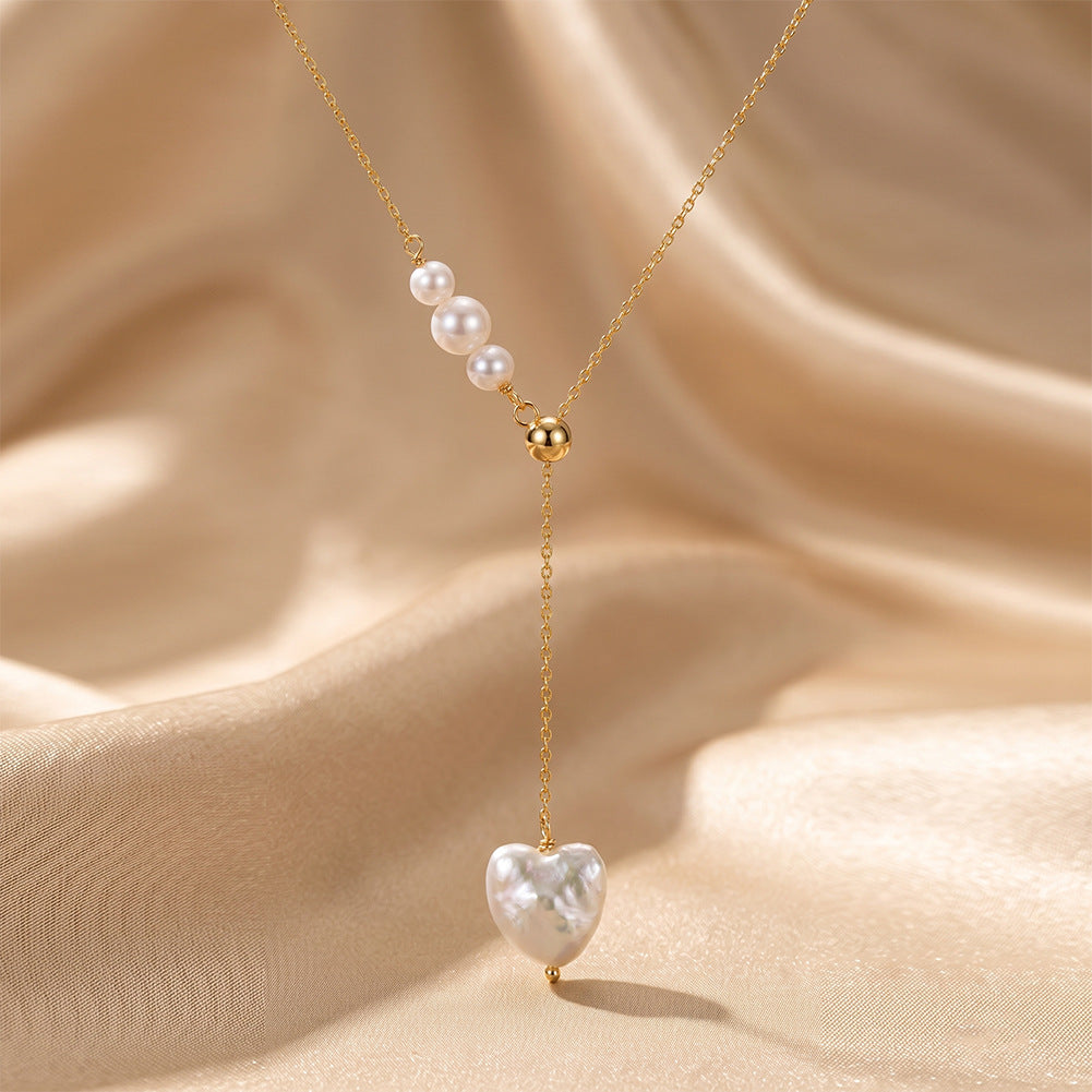 GPN116Adjustable Lariat Baroque Heart Freshwater Pearl Y Necklace, Iridescent Heart-shaped Pearl Pendant S925 Silver Chain