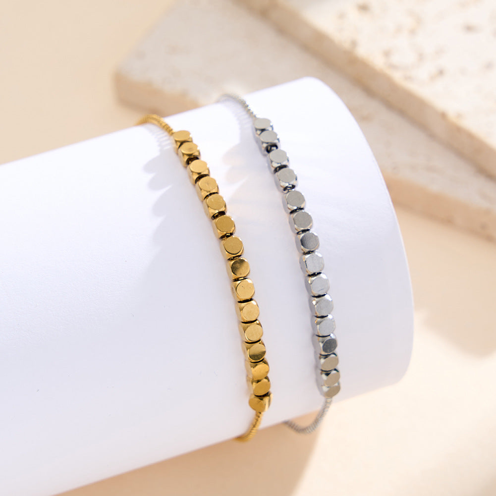 Gold Plated Stainless Steel Adjustable Slider Box Chain Bracelet, Small Cube Beads, Pull Slide Clasp Design