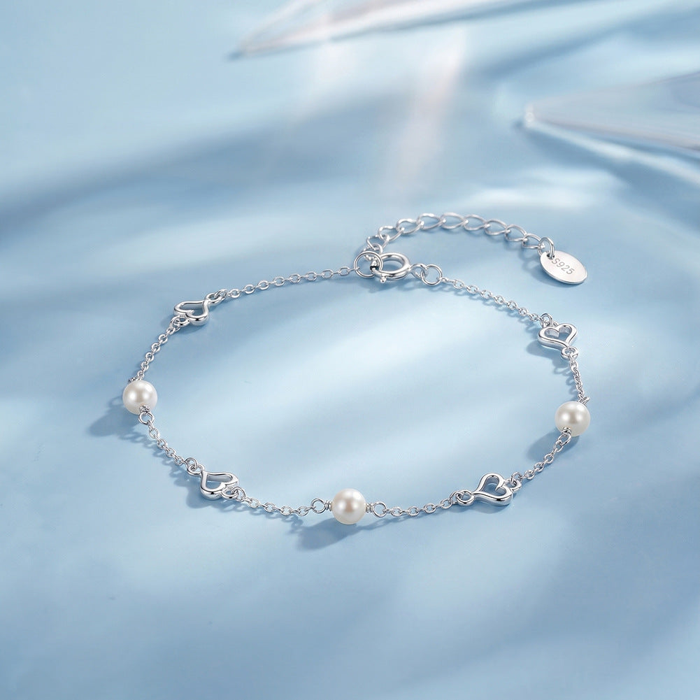 S925 Sterling Silver Thin Chain Bracelet, Round Lustrous Freshwater Pearls & Hollow Open Heart Charms, Adjustable Extension Chain