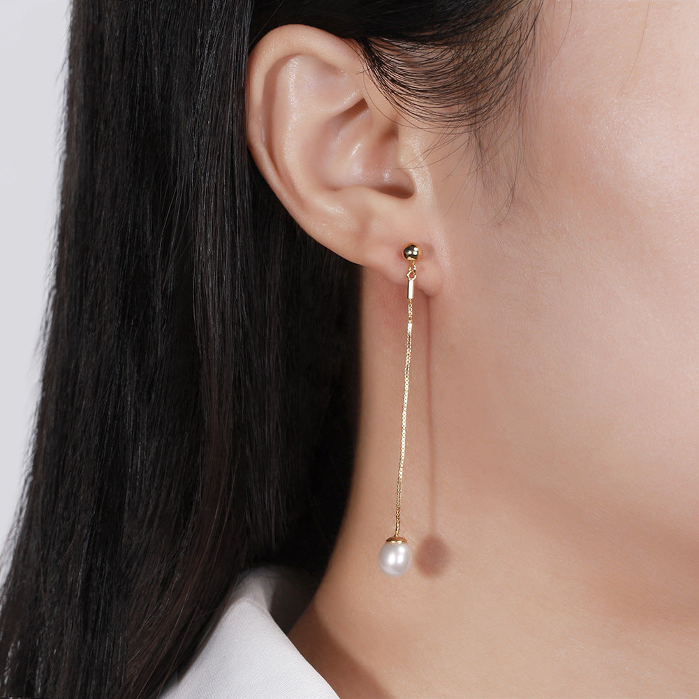 S925 Silver Single Teardrop Pearl Long Chain Threader Earrings, Silky Luster Teardrop Freshwater Pearl Dangling on Slim Adjustable Box Chain