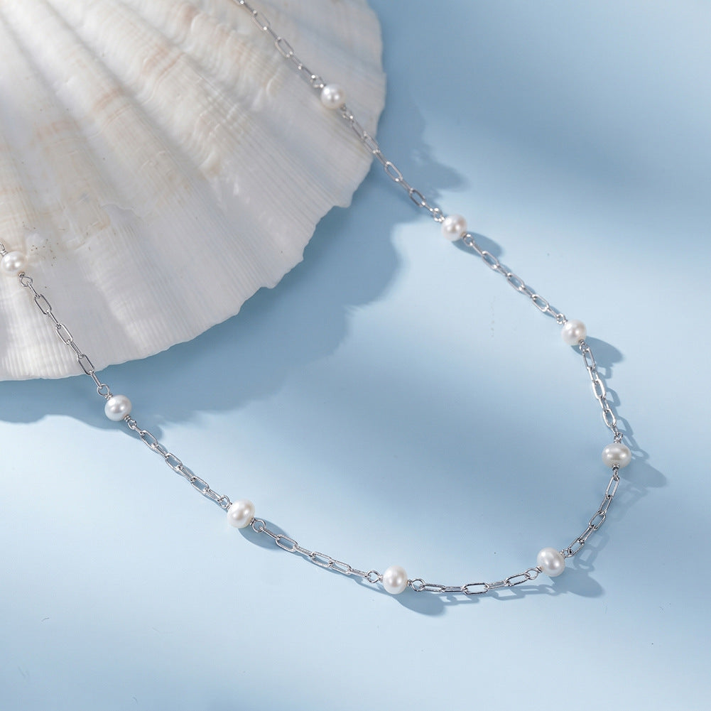 Gold Stainless Steel Station Pearl Necklace, Round White Pearl Beads On Paperclip Chain With Adjustable Extension Tail